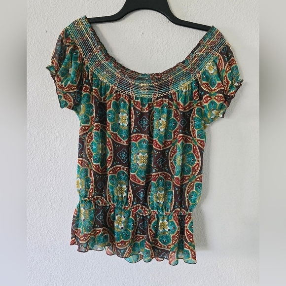 Love Tease Blouse Womens Sz M Multicolor Off Sholder Lightweight Coastal… - Picture 2 of 7